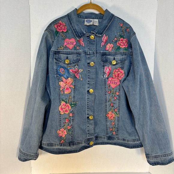 DIANE GILMAN Dg2 Painted On Floral Denim Jacket with Pink Hearts&Flowers L - Picture 3 of 5